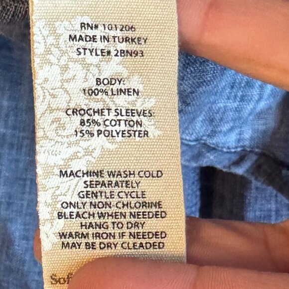 Soft Surroundings Blue Linen 100% Crochet Sleeve Dress Small Lagenlook minimal - Picture 4 of 9